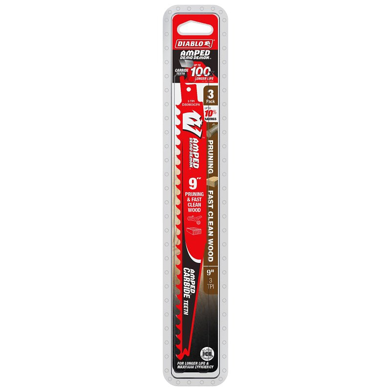 Diablo AMPED Demo Demon DS0903CPA3 Reciprocating Saw Blade, 9 in L, 3 TPI, Carbide Cutting Edge