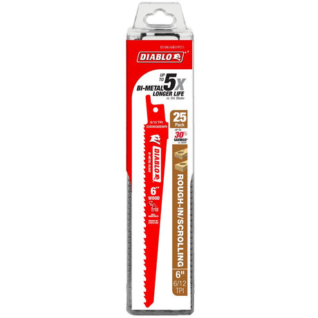 Diablo DS0656BWR25 Reciprocating Saw Blade, 6 in L, 6-1/2 TPI, Bi-Metal Cutting Edge
