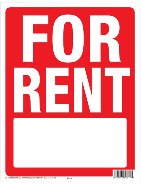 Hy-Ko SIY-213 Yard Sign with Frame, FOR RENT, White Legend, Red Background, Plastic, 18 in H x 14 in W Dimensions