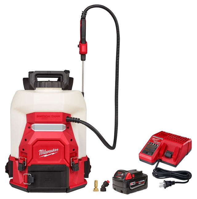 Milwaukee 3019-21PS Cordless Backpack Sprayer Kit, 4 gal Capacity, HDPE/Stainless Steel, Dual Cone Nozzle, 48 in L Hose