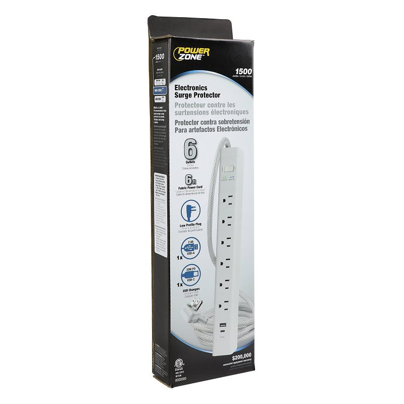 Powerzone ORPBSUFC406 Surge Protector Power Strip, 4 ft L Cable, 6-Socket, 2-USB Port, 15 A, 125 V, White
