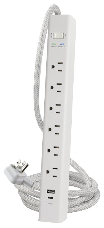 Powerzone ORPBSUFC406 Surge Protector Power Strip, 4 ft L Cable, 6-Socket, 2-USB Port, 15 A, 125 V, White