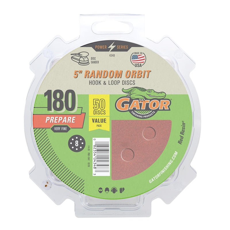 Gator 4348 Sanding Disc, 5 in Dia, 180 Grit, Extra Fine, Aluminum Oxide Abrasive, Fiber Backing, 8-Hole
