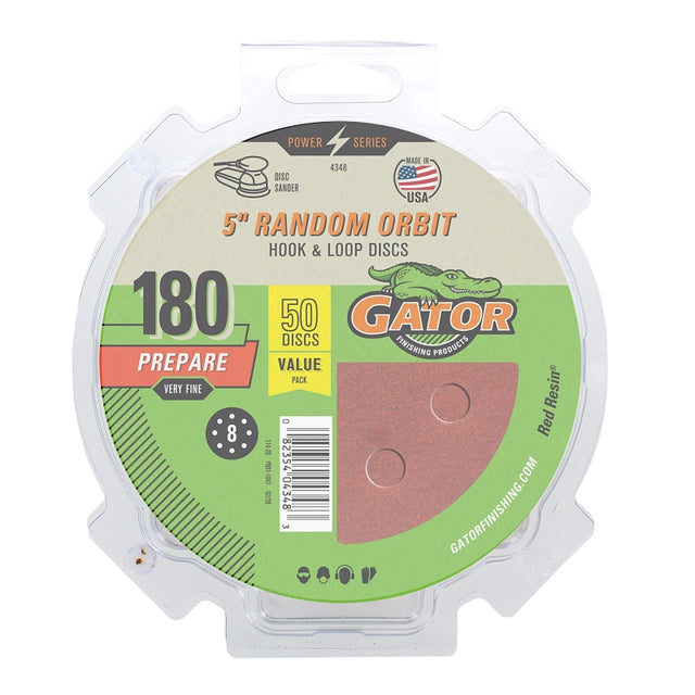 Gator 4348 Sanding Disc, 5 in Dia, 180 Grit, Extra Fine, Aluminum Oxide Abrasive, Fiber Backing, 8-Hole