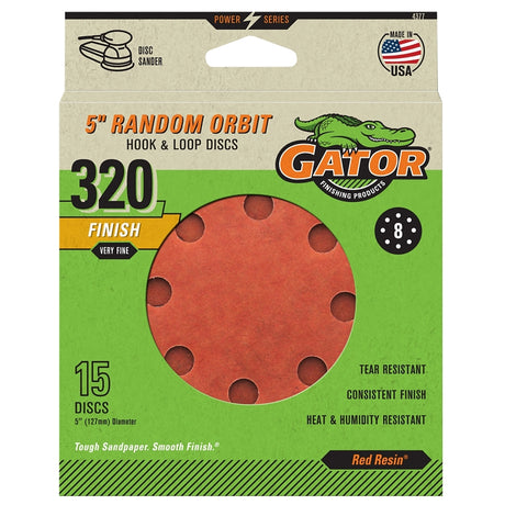 Gator 4377 Sanding Disc, 5 in Dia, 320 Grit, Very Fine, Aluminum Oxide Abrasive, Fiber Backing, 8-Hole