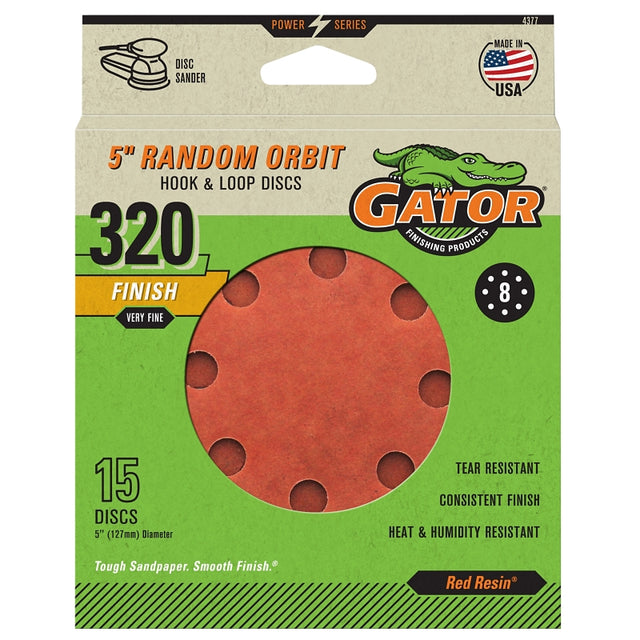 Gator 4377 Sanding Disc, 5 in Dia, 320 Grit, Very Fine, Aluminum Oxide Abrasive, Fiber Backing, 8-Hole