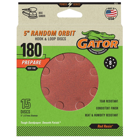 Gator 4376 Sanding Disc, 5 in Dia, 180 Grit, Extra Fine, Aluminum Oxide Abrasive, Fiber Backing, 8-Hole