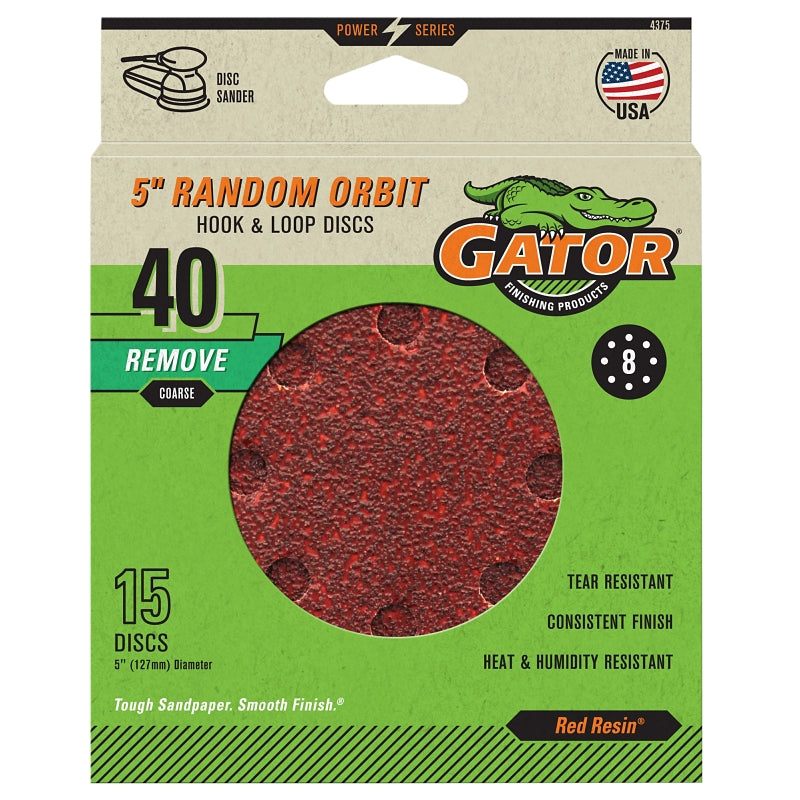 Gator 4375 Sanding Disc, 5 in Dia, 40 Grit, Course, Aluminum Oxide Abrasive, Fiber Backing