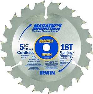 Irwin Marathon 14027 Circular Saw Blade, 5-1/2 in Dia, 0.39 in Arbor, 18-Teeth, Carbide Cutting Edge