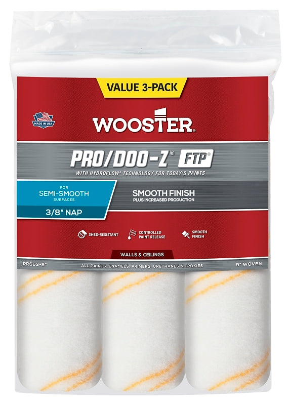 Wooster RR663-9 Roller Cover, White, 3/8 in Thick Nap, 9 in L, Woven Fabric Cover, 3/PK