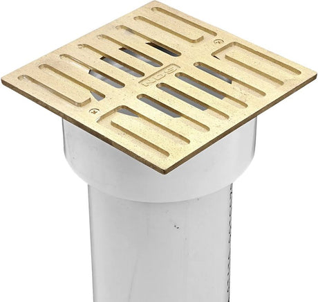 NDS 913B Grate with Collar, 4-3/4 in L, 4-3/4 in W, Square, 3/8 in Grate Opening, Brass/PVC, Satin Brass