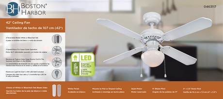 Boston Harbor CF-78133 Ceiling Fan, 4-Blade, White Housing, 42 in Sweep, MDF Blade, 3-Speed