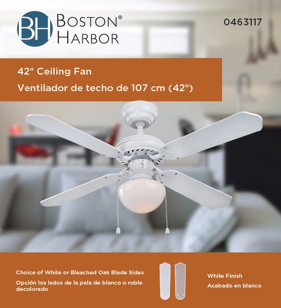 Boston Harbor CF-78133 Ceiling Fan, 4-Blade, White Housing, 42 in Sweep, MDF Blade, 3-Speed