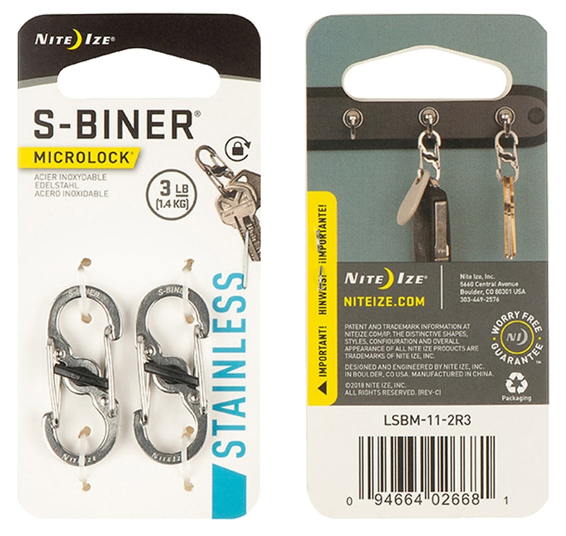 Nite Ize LSBM-11-2R3 Key Carabiner, 2-Pk., 1.39 in OAL, 0.62 in Dia Ring, Stainless Steel, Silver