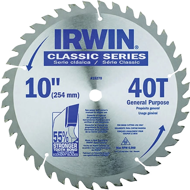 Irwin 15270 Circular Saw Blade, 0.06 in Dia, 5/8 in Arbor, 40-Teeth, Carbide Cutting Edge, Applicable Materials: Wood