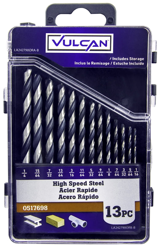 Vulcan 242790OR Plastic Case Drill Bit Set, 13-Piece, High-Speed Steel, Black Oxide/Polished