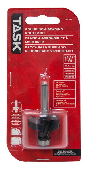 Task T24271 Series Router Bit, 1/2 in Dia, 1-1/4 in Dia Cutter, 1/4 in Dia Shank, Steel/Tungsten Carbide