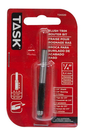 Task T24320 Flush Trim Router Bit, 1/4 in Dia Cutter, 1/4 in Dia Shank, Steel/Tungsten Carbide
