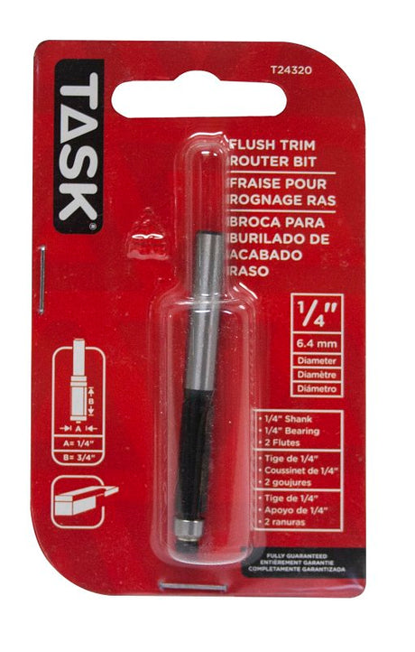 Task T24320 Flush Trim Router Bit, 1/4 in Dia Cutter, 1/4 in Dia Shank, Steel/Tungsten Carbide