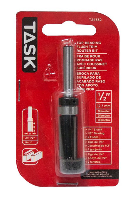 Task T24332 Series Flush Trim Router Bit, 1/2 in Dia, 1/2 in Dia Cutter, 1/2 in Dia Bearing, Steel/Tungsten Carbide