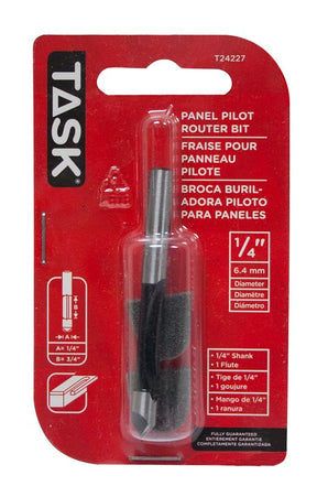 Task T24227 Panel Pilot Router Bit, 1/4 in Dia Cutter, 1/4 in Dia Shank, Steel/Tungsten Carbide