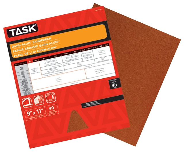 TASK Garn-Alum GAO14040 Sandpaper, 11 in L, 9 in W, Coarse, 40 Grit, Aluminum Oxide Abrasive, Kraft Paper Backing, Pack of 50