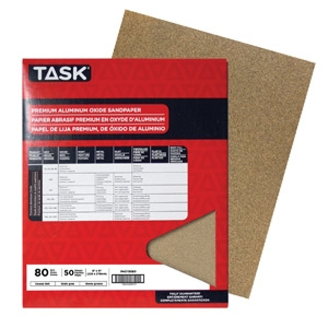 TASK PAO15080 Sandpaper, 11 in L, 9 in W, Medium, 80 Grit, Aluminum Oxide Abrasive, Paper Backing, Pack of 50