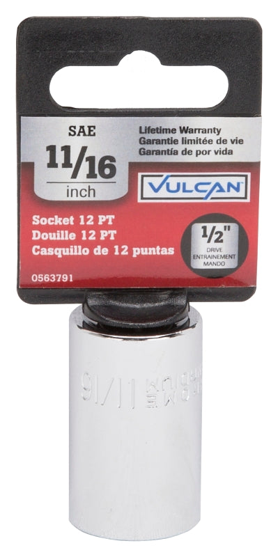 Vulcan MT6516926 Drive Socket, 11/16 in Socket, 1/2 in Drive, 12-Point, Chrome Vanadium Steel, Chrome