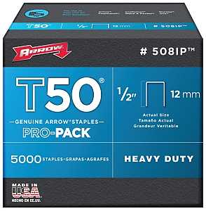 Arrow T50 Series 508IP Staple, For: ET50, ET50BN, ET50PBN Stapler, 3/8 in W Crown, 1/2 in L Leg