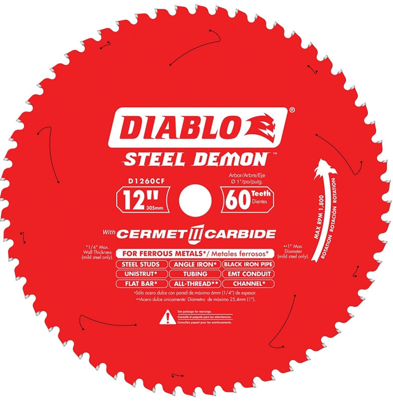 Diablo D1260CF Circular Saw Blade, 12 in Dia, 1 in Arbor, 60-Teeth, Cermet Cutting Edge