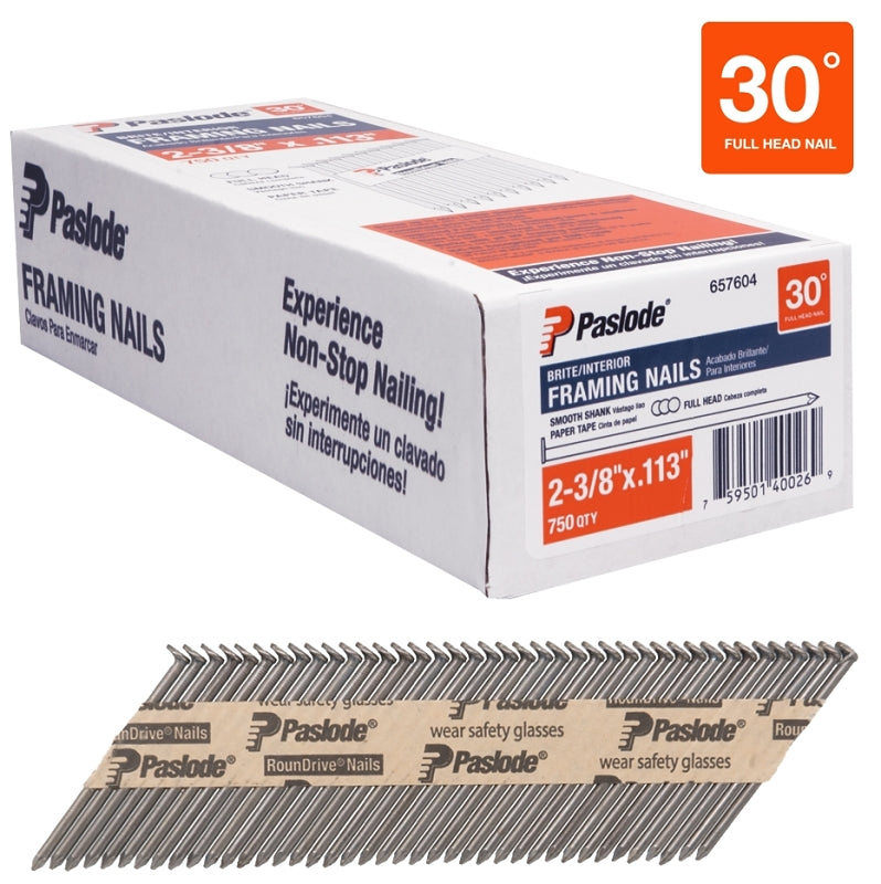 Paslode 657604 Framing Nail, Paper Tape Collation, 2-3/8 in L, Steel, Brite, Round Head, Smooth Shank