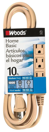 Southwire 2865 Extension Cord, 16 AWG Cable, 10 ft L, 13 A, Beige