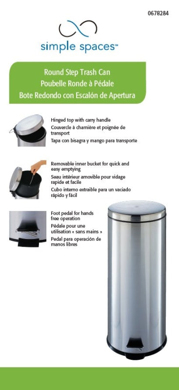 Simple Spaces LYP30F3-3L Trash Can, 7.93 gal Capacity, Plastic/Stainless Steel/Steel, Silver, Flat Lid Closure, Pack of 2