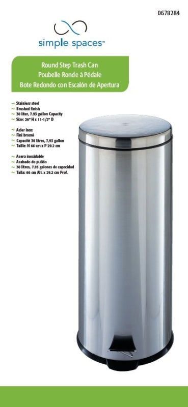 Simple Spaces LYP30F3-3L Trash Can, 7.93 gal Capacity, Plastic/Stainless Steel/Steel, Silver, Flat Lid Closure, Pack of 2