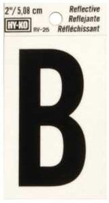 Hy-Ko RV-25 Series RV-25/B Self-Adhesive Reflective Letter, Character: B, 2 in H Character, Black Character, Vinyl, Pack of 10