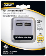 PowerZone ORUSB340 AC Compact USB Charger with Light, 3.4 A, 2-USB Port, White