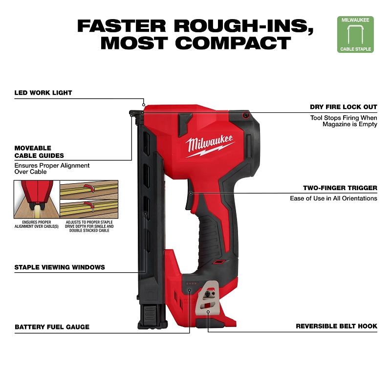 Milwaukee M12 2448-20 Cable Stapler, Tool Only, 12 V, 2 Ah, 3/4 in W Crown, Medium Crown Staple, 45 Magazine