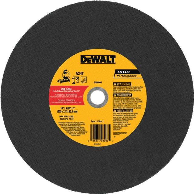 DEWALT DW8003 Cutting Wheel, 14 in Dia, 7/64 in Thick, 1 in Arbor, Aluminum Oxide Abrasive, Coarse