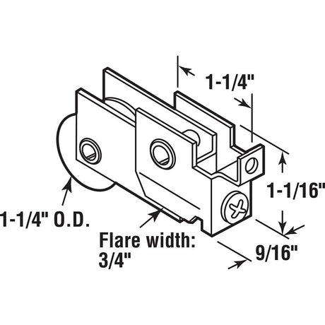 Prime-Line N 6625 Door Roller, 1-1/4 in Dia Roller, 5/16 in W Roller, Steel, Bottom Mounting