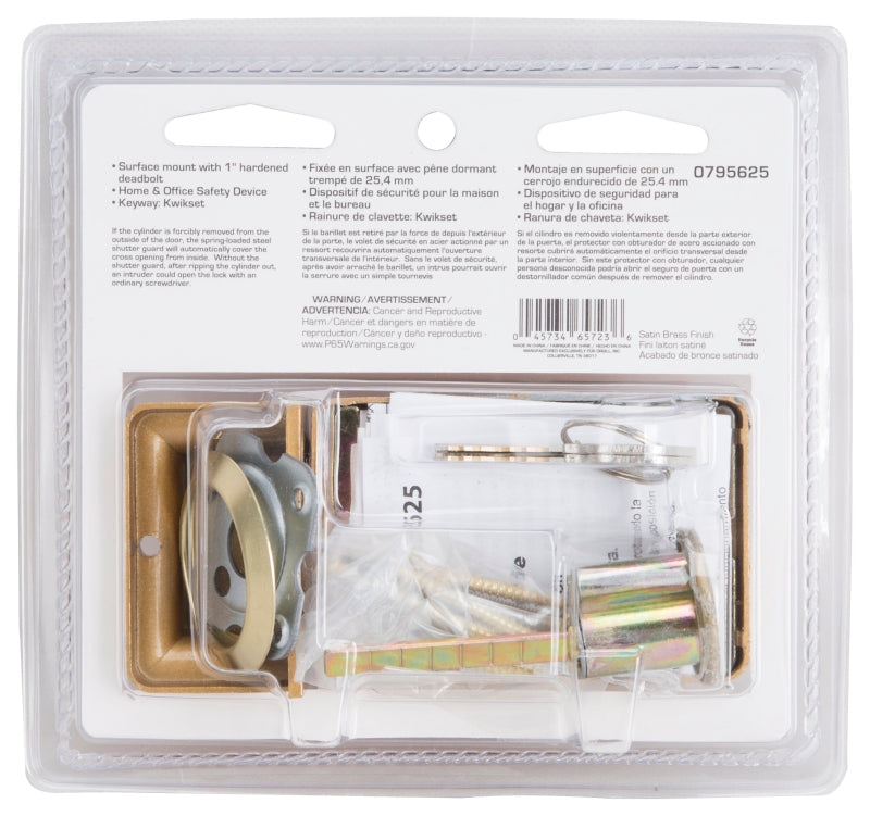 ProSource 6224497-PS Rim Deadbolt, Keyed Different Key, Brass, Brass, Kwikset Keyway, 1-2-3/8 in Thick Door