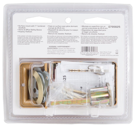 ProSource 6224497-PS Rim Deadbolt, Keyed Different Key, Brass, Brass, Kwikset Keyway, 1-2-3/8 in Thick Door