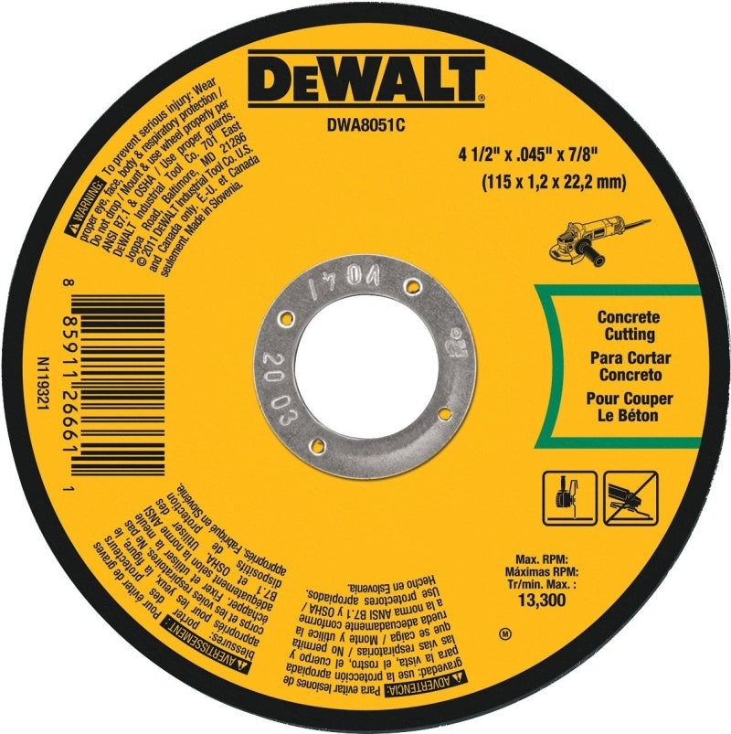 DEWALT DWA8051C Cutting Wheel, 4-1/2 in Dia, 0.045 in Thick, 7/8 in Arbor, Aluminum Oxide Abrasive