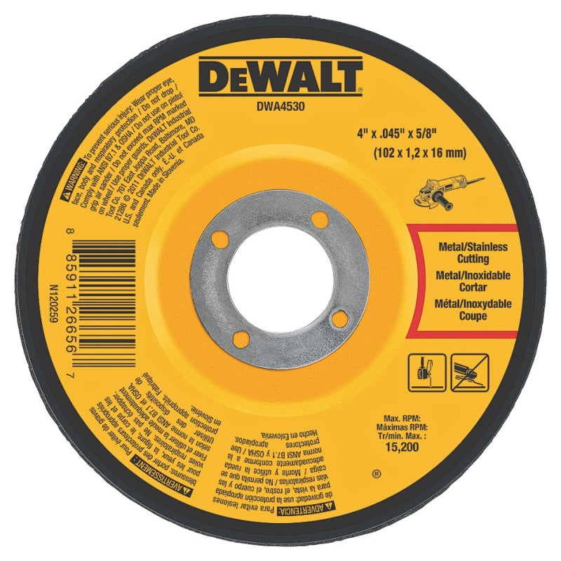 DEWALT DWA4530 Cutting Wheel, 4 in Dia, 0.045 in Thick, 5/8 in Arbor, Very Fine, Aluminum Oxide Abrasive