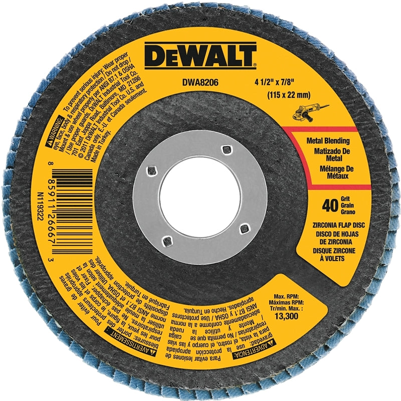 DEWALT DWA8206 Flap Disc, 4-1/2 in Dia, 7/8 in Arbor, Coated, 40 Grit, Coarse, Zirconium Oxide Abrasive