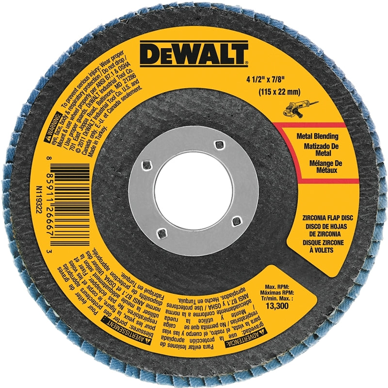 DEWALT DWA8207 Flap Disc, 4-1/2 in Dia, 7/8 in Arbor, Coated, 60 Grit, Medium, Zirconia Abrasive, Fiberglass Backing