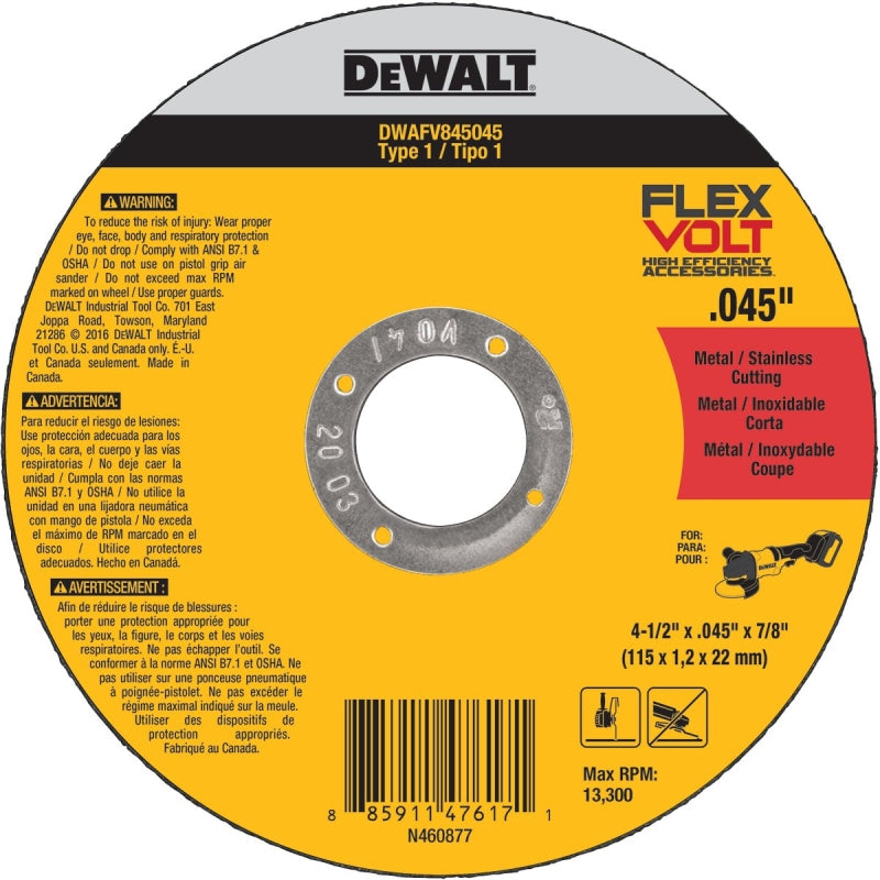 DEWALT DWAFV845045 Cutting Wheel, 4-1/2 in Dia, 0.045 in Thick, 7/8 in Arbor, 24 Grit, Medium, Ceramic Abrasive