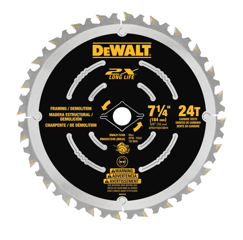 DEWALT DWA35724DB10 Saw Blade, 7-1/4 in Dia, 5/8 in Arbor, 24-Teeth, Carbide Cutting Edge, Applicable Materials: Wood