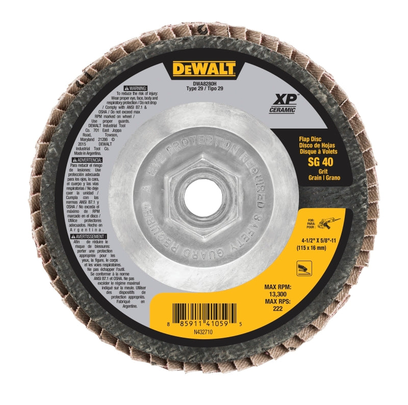 DEWALT XP Ceramic Series DWA8280H Flap Disc, 4-1/2 in Dia, 5/8-11 Arbor, 40 Grit, Coarse, Ceramic Abrasive