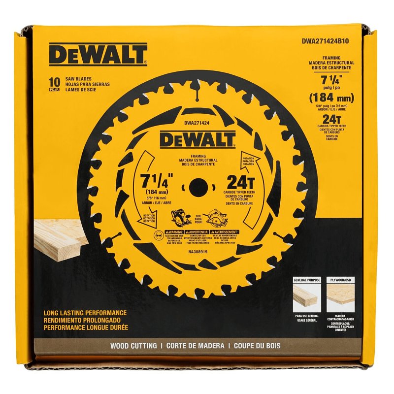 DEWALT DWA271424B10 Circular Saw Blade, 7-1/4 in Dia, 5/8 in Arbor, 24-Teeth, Carbide Cutting Edge, Pack of 10