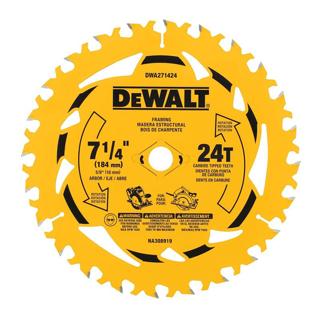 DEWALT DWA271424B10 Circular Saw Blade, 7-1/4 in Dia, 5/8 in Arbor, 24-Teeth, Carbide Cutting Edge, Pack of 10